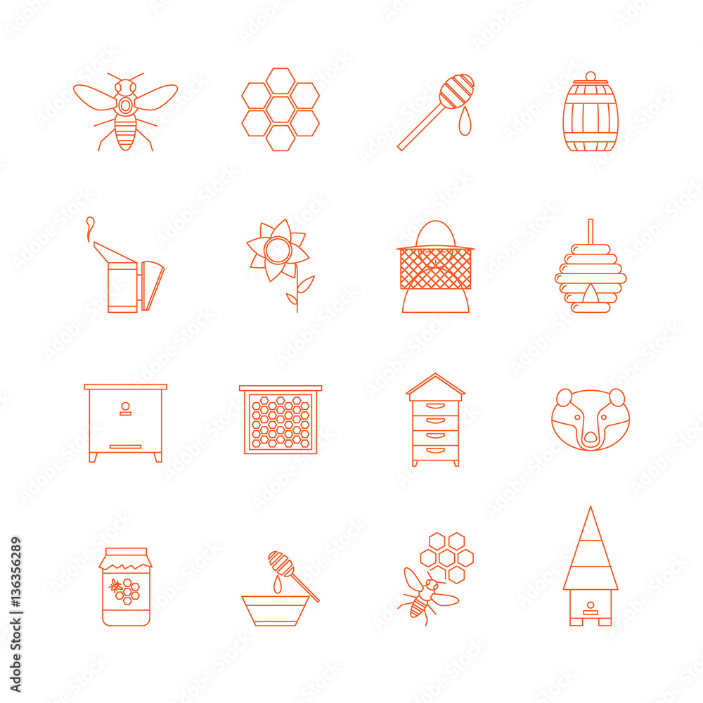 Poster beekeeping thin line icons set. vector