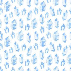 Seamless pattern with hand drawn crystals. Watercolor background.