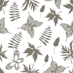 Seamless pattern with hand drawn butterflies and branches. 