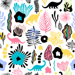 Fototapeta na wymiar Vector seamless pattern with fantastic flowers and dinosaurs.