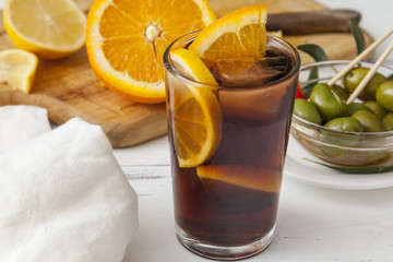 Vermouth, traditional Spanish appetizer with olives