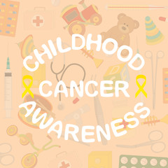 vector illustration of toys and tablets on the theme of childhood cancer awareness