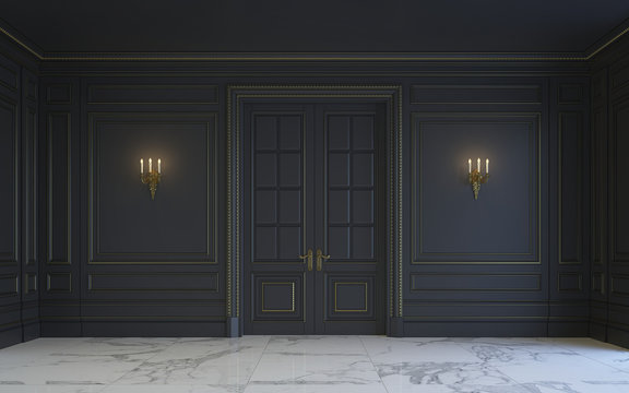 A classic interior is in dark tones. 3d rendering.