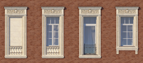 Framing of windows in classic style on the brick wall of red color. 3d rendering.