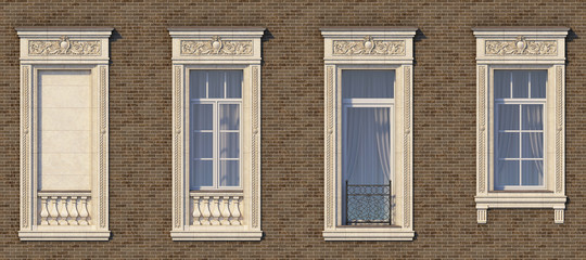 Fototapeta na wymiar Framing of windows in classic style on the brick wall of brown color. 3d rendering.