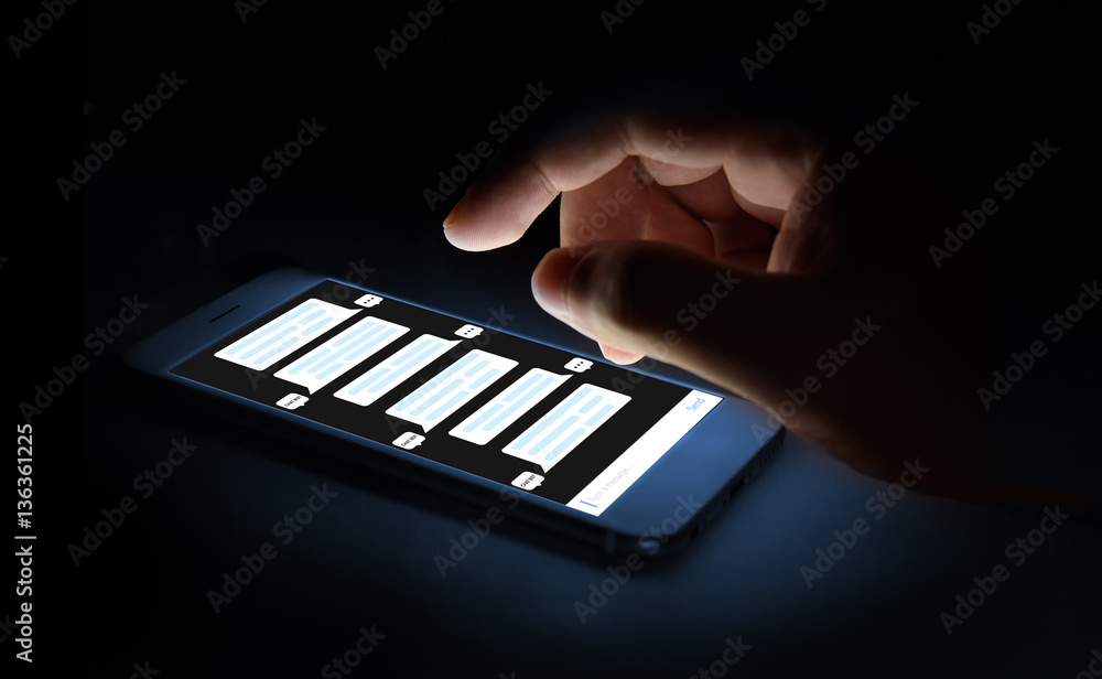 Poster chat bot , deep learning , artificial intelligence concept . finger point to mobile phone with chatb