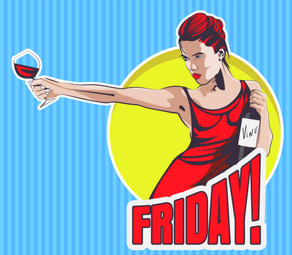 Young woman with wine glass and wine bottle. Text Friday, city on the background. Vector stock image.