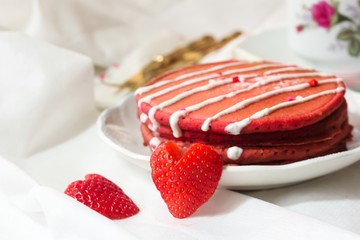 Red velvet pancakes with cream cheese frosting strawberry heart /Valentine's day breakfast,...