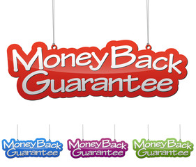 Set vector illustrations isolated tag banner money back guarantee in four color variant red, blue, purple and green. This element is wel adapted for web design.
