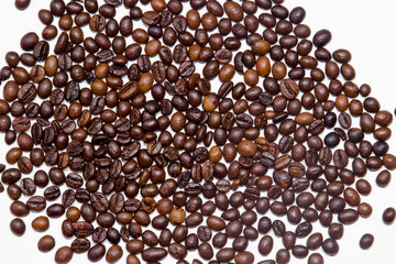 Coffee beans are scattered randomly.