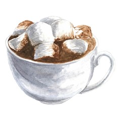 Hand drawn watercolor cup with cacao or hot chocolate and marshmallow, realistic delicious vector illustration, isolated on white background.