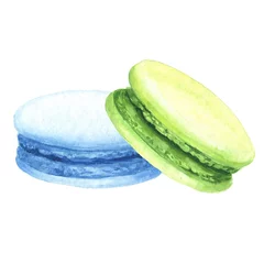 Keuken spatwand met foto Hand drawn watercolor blue and pistachio macaron cakes vector illustration, realistic delicious sketch isolated on white background. © Ann Lou