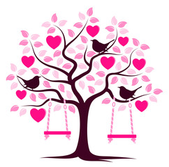 heart tree with swings and birds