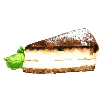 Hand drawn watercolor delicious slice of cheesecake with chocolate and mint leaves, realistic food vector illustration, isolated on white background.