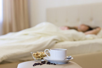 Fototapeta na wymiar Morning coffee in bed.