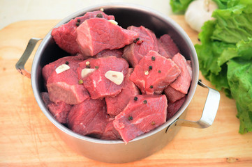 cut of meatf with spices  in the pot