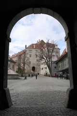 The view of the Krumlov Castle’s yard through the arch (Cesky Krumlov, Czech Republic).