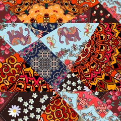 Festive patchwork pattern from bright patches with cute animals,  flower - mandala and abstract tracery. Vector illustration. Print for fabric, paper, wallpaper, wrapping design.