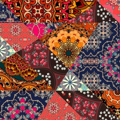 Festive patchwork pattern in indian style with flower - mandala. Bright vector illustration. Hippie design. Blanket, wrapping, print for fabric.