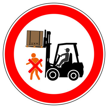 srr122 SignRoundRed - german - Verbotszeichen: Gabelstapler / Nicht unter schwebende Lasten treten - english - prohibition sign / forklift trucks / never stand under the forks - xxl g5016