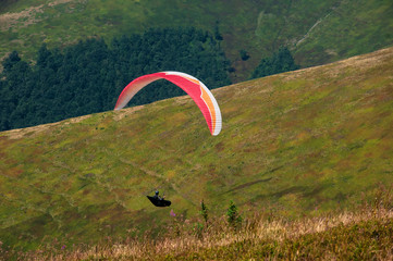 Paragliding in the sky. One paraglider fly over a mountain valley in summer sunny day. Carpathians, Ukraine.