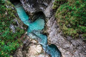 Leutaschklamm - wild gorge with river in the alps of Germany