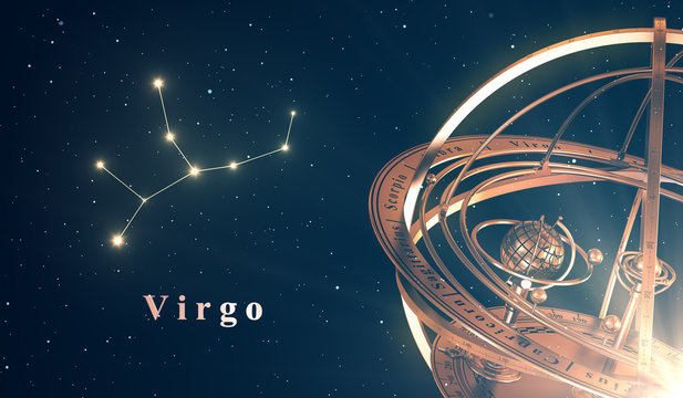 Zodiac Constellation Virgo And Armillary Sphere Over Blue Background