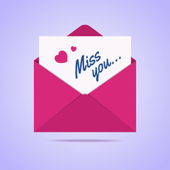 Envelope icon with miss you letter. Heart shapes with text on a paper. Vector illustration in flat style.