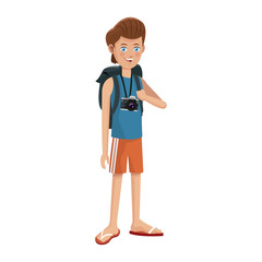 young guy with a camera around his neck over white background. colorful design. vector illustration