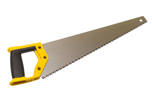 Hand saw isolated on white background. Hacksaw on wood. Flat lay