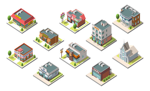 Vector isometric buildings set. Isolated on white background