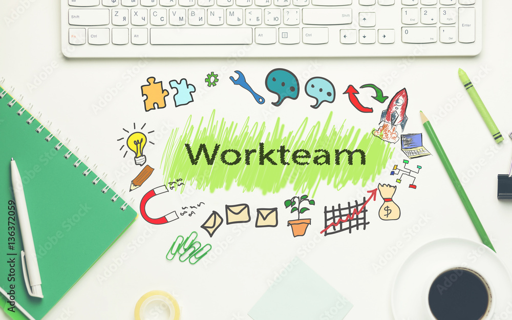 Poster work team with keyboard and stationary on table