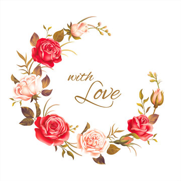 Round floral frame with beautiful roses. Vector illustration.