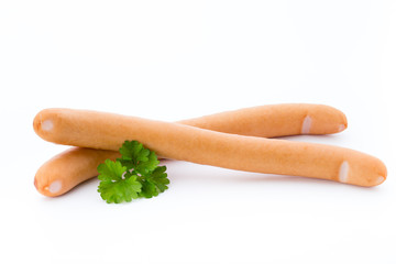 Wiener sausages on the white background.