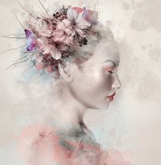 Akwarela portret kobiety z lilii we włosach - 136373831