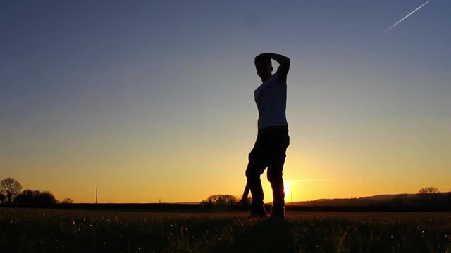 Silhouette of baseball player hitting ball, sunset