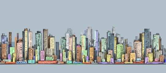 City panorama, hand drawn cityscape, vector drawing architecture illustration