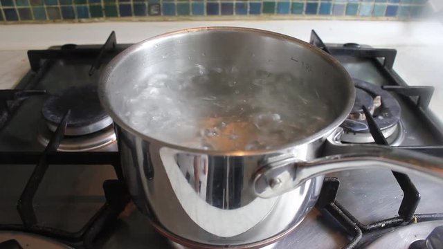 Lid lifted of pan, boiling water