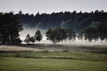 Village landscape with streaks of mist in Poland.