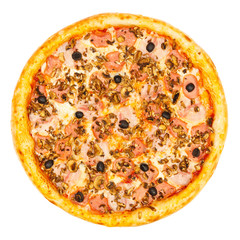 Delicious classic italian Pizza with spicy chicken, mushrooms and cheese.