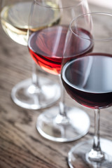 Glasses of red, rose and white wine