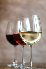 Glasses of red, rose and white wine
