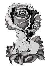   Flower - woman , rose , vector illustration ,   blac and white design  on white background