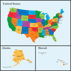 The detailed map of the USA including Alaska and Hawaii. The United States of America with the capitals and the biggest cities