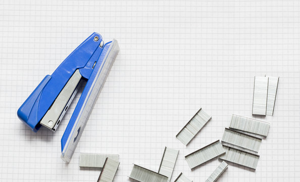 Blue Stapler and Piles of office Staples on Piece of Paper, Clos
