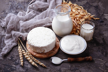 Tzfat cheese, milk and wheat grains. Symbols of judaic holiday S