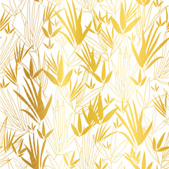 Fototapeta na wymiar Vector Gold on White Asian Bamboo Leaves Seamless Pattern Background. Great for tropical vacation fabric, cards, wedding invitations, wallpaper.