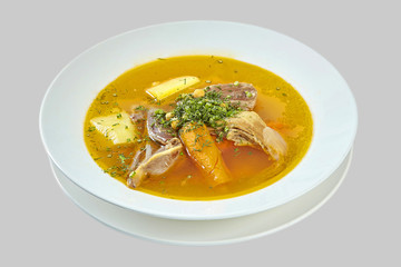 Meat soup of lamb on a plate