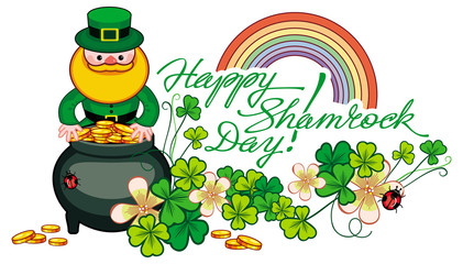 Holiday label with shamrock, rainbow, leprechaun and a pot of gold. Vector clip.
