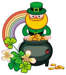 Holiday label with shamrock, rainbow, leprechaun and a pot of gold. Vector clip.